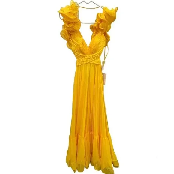 NWT Mac Duggal 67911 Yellow Ruffle Chiffon Cutout Maxi Dress size 0